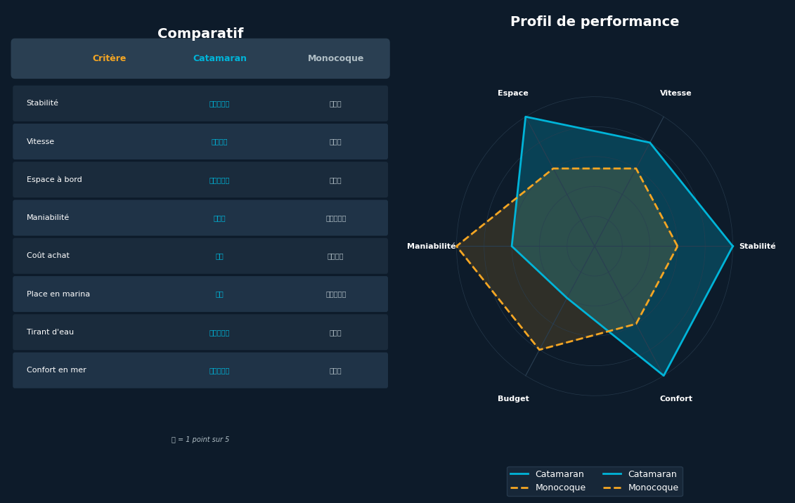 Comparatif catamaran vs monocoque : tableau et radar de performances