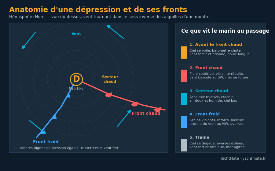 Schéma de la structure d'une dépression : front chaud, front froid, secteur chaud et séquence météo
