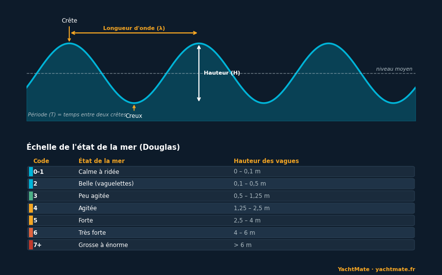 Esquema de la anatomía de una ola (cresta, seno, altura, longitud, período) y escala Douglas del estado de la mar