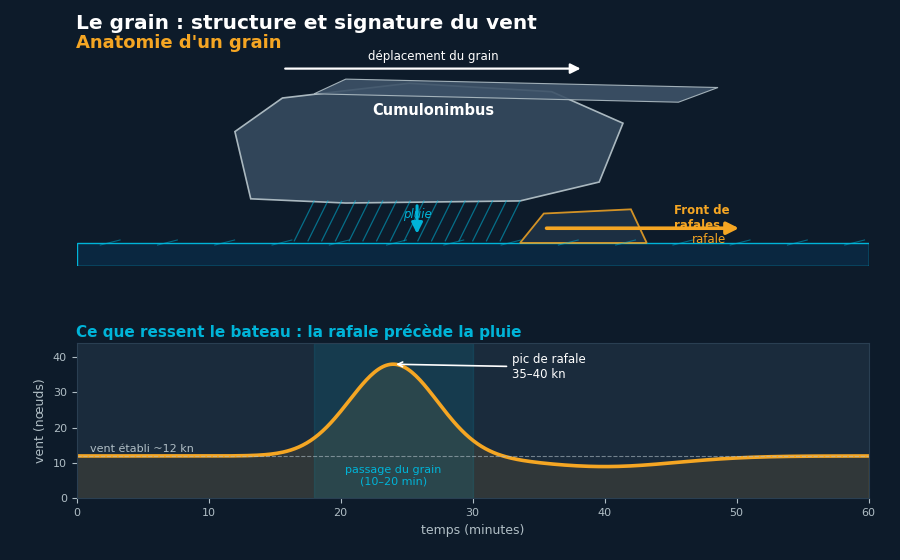 Diagram of a squall: cumulonimbus with anvil, rain shaft, downdraft, gust front, and a wind-speed profile in knots showing the gust peak arriving before the rain
