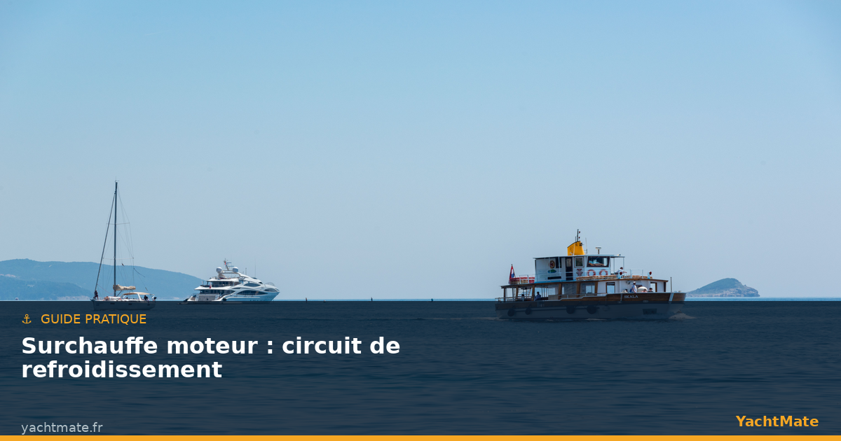 Barca a motore che naviga in mare, illustrazione del raffreddamento del motore