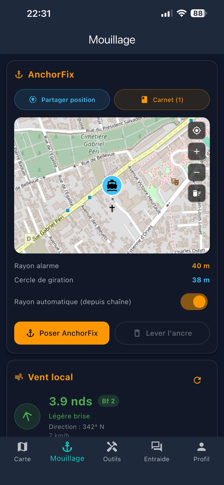 AnchorFix alarme de mouillage avec cercle de sécurité et surveillance GPS en arrière-plan