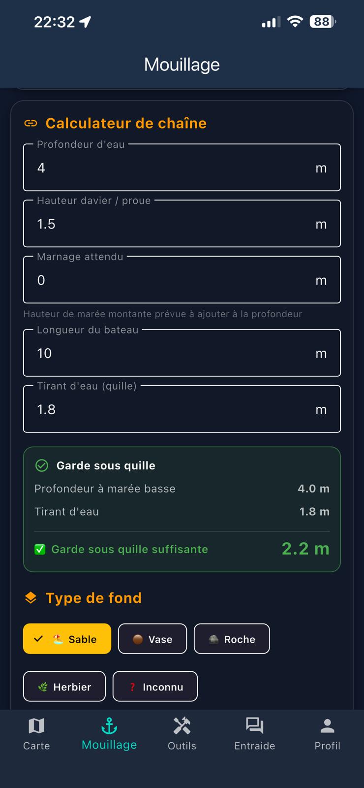 Calculateur de longueur de chaîne de mouillage selon profondeur et conditions météo