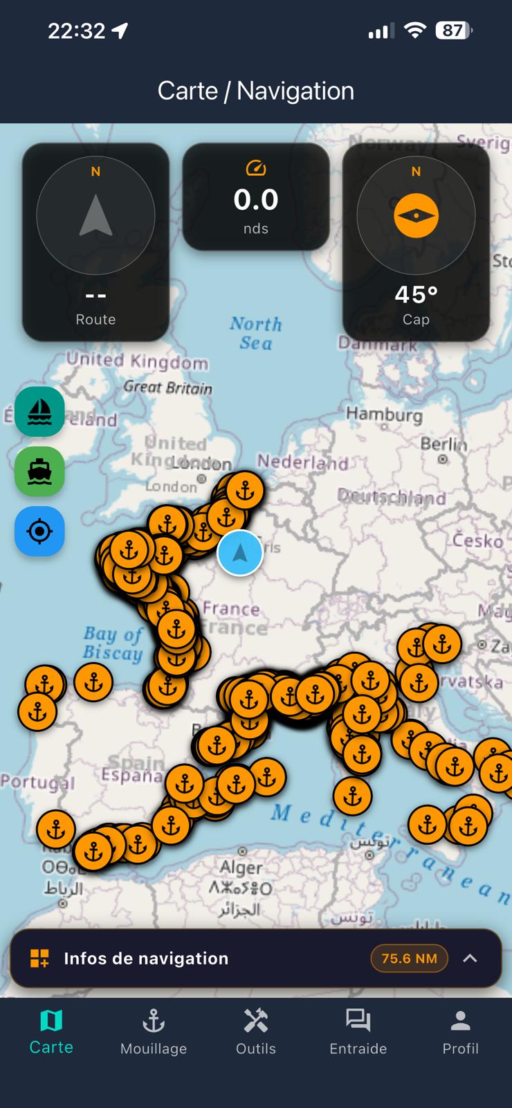 YachtMate carte GPS navigation maritime avec 1231 ports en France, Espagne et Italie