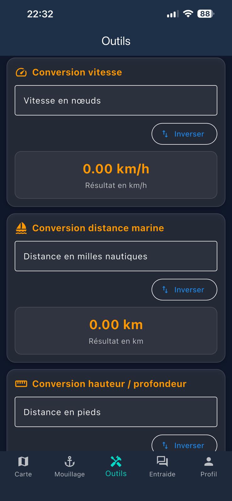 Outils nautiques YachtMate : convertisseurs nœuds km/h, calculateur autonomie, compas digital